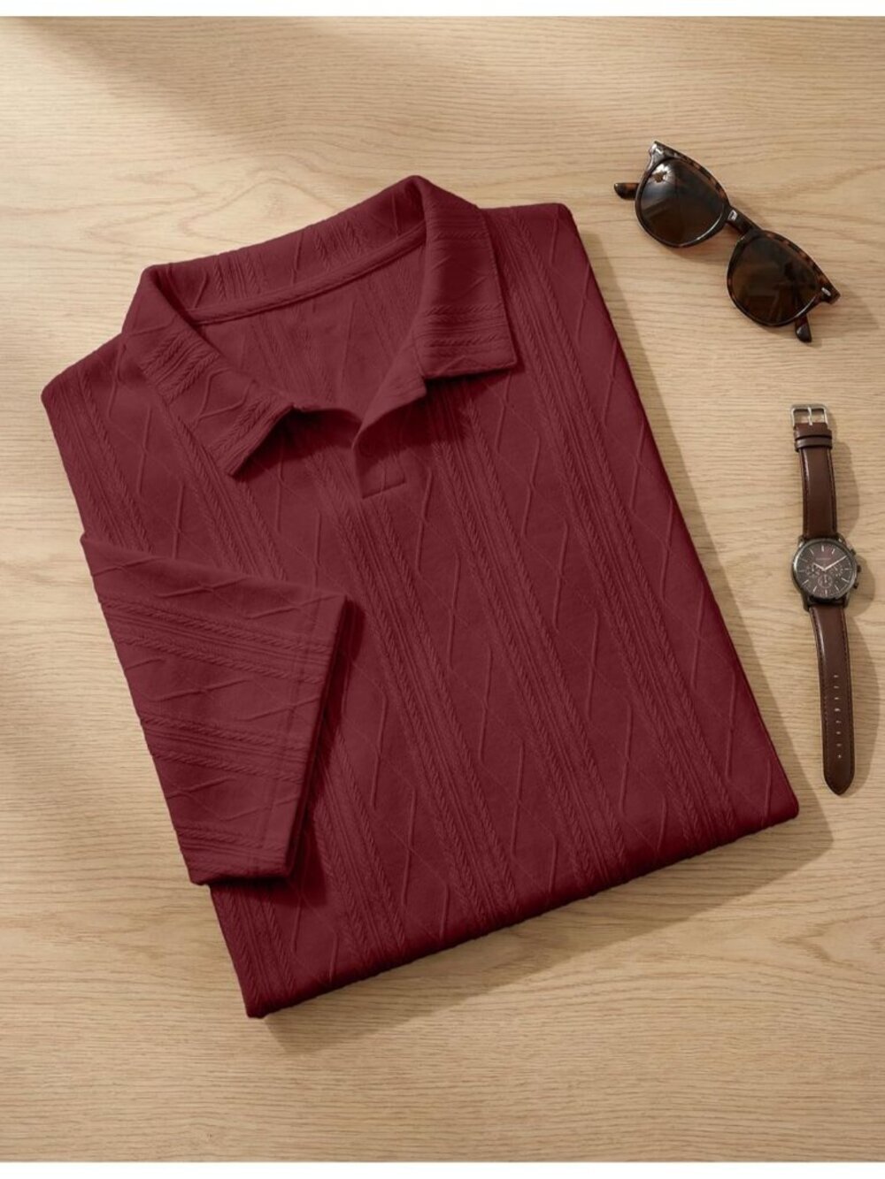 Men's Burgundy Short Sleeve Casual Golf Beach Button Summer Textured Polo Shirt - Picture 5 of 6
